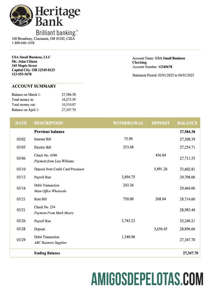 Em branco Extrato de conta corrente comercial do US Heritage modelo Word e PDF